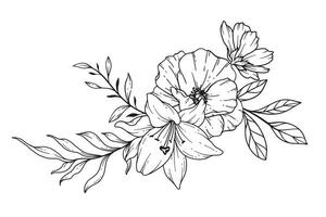 vild linje teckning. svart och vit blommig buketter. blomma färg sida. blommig linje konst. bra linje vild illustration. hand dragen blommor. botanisk färg. bröllop inbjudan blommor vektor