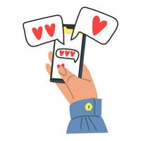 im Herren Hände ist ein Telefon mit Korrespondenz von Liebhaber mit Herzen. isoliert Vektor Illustration zum Valentinstag Tag. das Korrespondenz ist im das Hände von ein Mann. ein Erklärung von Liebe