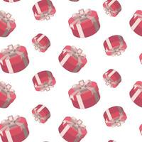 sömlös mönster av rosa runda gåva låda med rosett. en gåva för en fest, firande, särskild händelse sådan som födelsedag, jul, hjärtans dag. modern vektor illustration i isometrisk stil. på vit