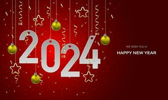 glücklich Neu Jahr 2024 Weiß Papier Nummer golden Sterne Ball Band auf rot Luxus Design zum Urlaub Festival Feier Countdown Hintergrund Vektor