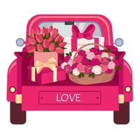 ein rot Auto mit Blumen und Geschenk Boxen. romantisch Auto Vorderseite dekoriert mit Rosen zum Valentinstag Tag. illustriert Vektor Clip Art.