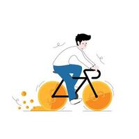 Finanzen Illustration Vektor. stellen Ihre Geld zu arbeiten. Investition. Illustration von ein Mann Reiten ein Fahrrad mit Räder zu verdienen Geld. vektor