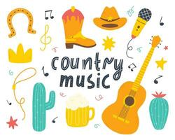 Land musik begrepp. uppsättning av Land musik element i hand dragen stil. cowboy musik vektor illustration.