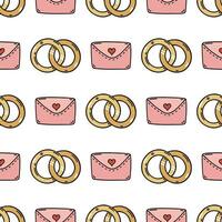 Paar von Hochzeit Ringe und romantisch Brief, nahtlos Vektor Muster. Gold Schmuck zum das Braut und Bräutigam, süß Rosa Briefumschlag mit ein Herz. Symbole von Engagement, Liebe, Datum. Karikatur Gekritzel Hintergrund