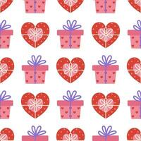 gåva låda sömlös vektor mönster. Semester behållare i de form av hjärta, fyrkant. romantisk närvarande med polka prickar, band, rosett. röd och rosa söt överraskningar. bakgrund för valentines dag, kärlek datum