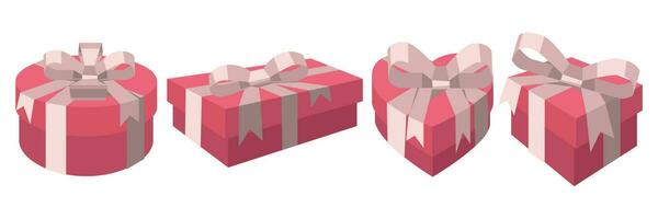 uppsättning av gåva paket med rosa bågar och band. realistisk tredimensionell bild. som en mall för festlig dekoration. vektor illustration de form av de gåvor är hjärta, fyrkant, rektangel, cirkel