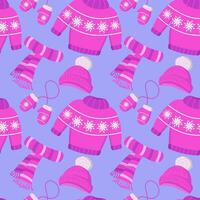 vektor mönster med vinter- kläder. barns värma vinter- kläder för gående. stickat hatt, scarf, handskar med jacquard mönster och pom poms. vektor uppsättning av rosa Färg.