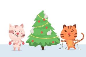 katt och tiger dekorerar julgran vektor