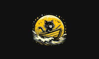 katt ridning båt på hav natt vektor illustration konstverk design