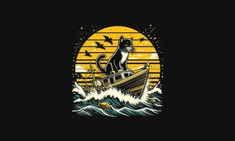 Katze Reiten Boot auf Meer Nacht Vektor Illustration Kunstwerk Design