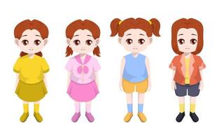 kleines Mädchen Kind Kind stehend Kleidung Haar vorne Vektor Cartoon Set