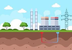 ökologische nachhaltige Energieversorgung Hintergrundvektor flache Illustration Kraftwerksgebäude mit Sonnenkollektoren, Gas, Geothermie, erneuerbaren Energien, Wasser- und Windkraftanlagen vektor