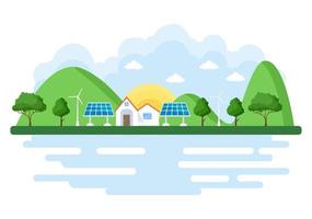 ökologische nachhaltige Energieversorgung Hintergrundvektor flache Illustration Kraftwerksgebäude mit Sonnenkollektoren, Gas, Geothermie, erneuerbaren Energien, Wasser- und Windkraftanlagen vektor