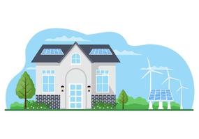 ekologisk hållbar energiförsörjning bakgrund vektor platt illustration kraftverk byggnader med solpaneler, gas, geotermisk, förnybar, vatten och vindkraftverk