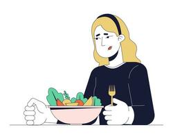 kaukasisch Frau verringert Appetit 2d linear Karikatur Charakter. traurig blond weiblich mit Essen Störung isoliert Linie Vektor Person Weiß Hintergrund. Gewichtsverlust Mahlzeit Farbe eben Stelle Illustration