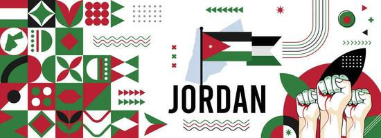 Jordan National oder Unabhängigkeit Tag Banner zum Land Feier. Flagge und Karte von Jordan mit angehoben Fäuste. modern retro Design mit Typorgaphie abstrakt geometrisch Symbole. Vektor Illustration