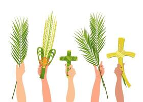 International Christian Anbeter halt Utensilien zum Palme Sonntag Feierlichkeiten. das Symbole von das Urlaub sind ein Palme Zweig, ein Kreuz gemacht von Palme Blätter und ein Korbweide Strauß. vektor