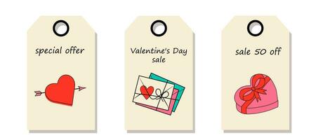 Vektor einstellen von Rabatt Preis Stichworte. Etiketten mit Valentinsgrüße Dekorationen. Valentinstag Tag Verkauf.