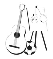 anders Hobbys Freizeit Aktivitäten schwarz und Weiß 2d Linie Karikatur Objekt. Gitarre, Staffelei, Boxen Handschuhe, Fußball isoliert Vektor Gliederung Artikel. Erholung monochromatisch eben Stelle Illustration