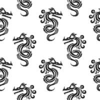 Nahtloses Muster, Silhouetten schwarzer chinesischer Drachen auf weißem Hintergrund. hintergrund, textil, vektor