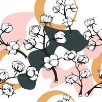 sömlös mönster av gren av bomull, blommor och löv av växt. vild med stjälkar. skiss botanisk illustration ritad för hand. vektor