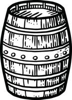 en svart och vit illustration av en trä- tunna i gravyr stil på en vit bakgrund. vektor