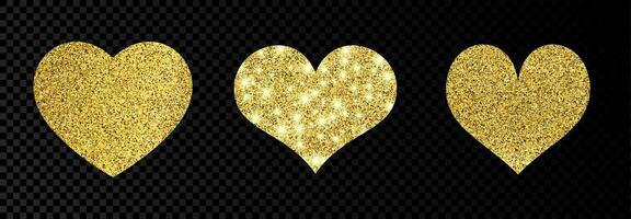 uppsättning av tre guld glittrande hjärtan på mörk bakgrund. bakgrund med guld pärlar och glitter effekt. vektor illustration