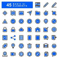 45 Basic ui Element Symbole im Blau füllen Stil, einschließlich heim, App Tasten, Karten, Zeit, Teilen und mehr. geeignet zum ui ux Design braucht, Werbung, Anwendungen und Sozial Medien. vektor