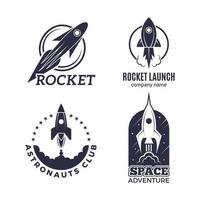 Weltraum Logos Raketen Flug Shuttle Mond Entdeckung Geschäft Retro Abzeichen Vektor monochrome Bilder
