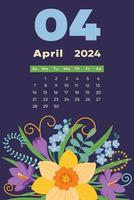 blommig april 2024 kalender mall. med ljus färgrik blommor och löv. vektor