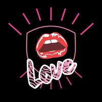 kärlek. t-shirt design med sensuell röd mun och en ord. illustration i pop- konst stil. vektor