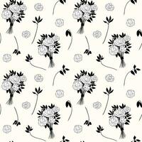 svartvit blommig mönster. sömlös bakgrund med ro och grenar. hand dragen botanisk tapet vektor