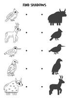 finden das richtig Schatten von schwarz und Weiß Norden amerikanisch Tiere. logisch Puzzle zum Kinder. vektor