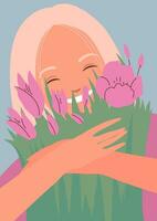 Lycklig skön blond kvinna med bukett av tulpaner. Lycklig internationell kvinnors dag kort. bunt av blomma. närbild. springtime vektor illustration