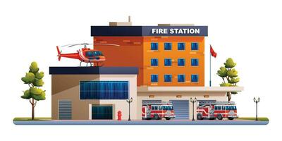 Feuer Bahnhof Gebäude mit Feuer Lastwagen und Hubschrauber. Feuer Abteilung Büro mit Feuer Fahrzeuge Vektor Illustration