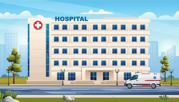 offentlig sjukhus byggnad med ambulans nödsituation bil. medicinsk klinik på stadsbild bakgrund. vektor tecknad serie illustration