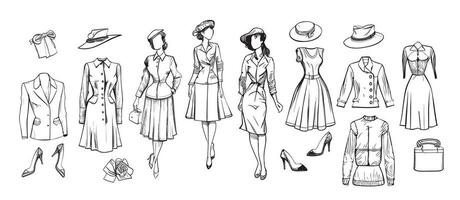 Sammlung von retro Kleider zum Frauen skizzieren Mode und Schönheit vektor