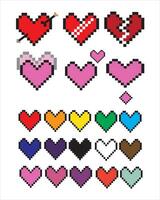 Herz Pixel Emoji Satz. funkelnd, wachsend, zwei Herzen, Prügel, Spinnen, gebrochen, repariert, attraktiv, Rot, orange, Gelb, Grün, Blau, lila, braun, Schwarz, und Weiß emoji.vektor vektor