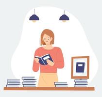 Buchhandlung und Menschen. eine Frau, die ein Buch in der Buchempfehlungsabteilung liest. flache Design-Stil-Vektor-Illustration. vektor