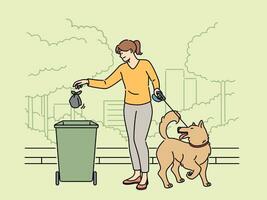 Frau Gehen Hund wirft Tasche von Hündchen Poop in Müll dürfen, nehmen Pflege von Sauberkeit von Park. lächelnd Mädchen Reinigung oben nach Hund auf Straße, zeigen Verantwortung und Liebe zum Umgebung vektor