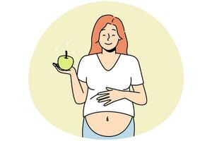 lächelnde schwangere Frau mit Apfel. Vektor lächelnde junge schwangere Frau mit Apfel empfehlen gesunde Ernährung. glückliche Frauen folgen der Schwangerschaft Ernährung essen Früchte. Vektor-Illustration.