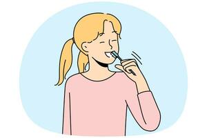 leende flicka pensling tänder ta vård av oral hygien. Lycklig barn morgon- dagligen rutin- rena tand. sjukvård och barnomsorg. vektor illustration.