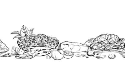 hand dragen vektor bläck illustration. pasta italiensk kök maträtt, spaghetti armbågar med ost, skinka, tomat, örter. sömlös baner isolerat på vit. restaurang, meny, mat affär paket, flygblad, skriva ut.