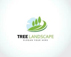 tallar träd skog och väg landskap logotyp ikon vektor mall
