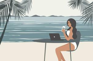 digital nomad, resa och arbete, avlägsen jobb, frilansare livsstil, kvinna arbetssätt uppkopplad medan reser på strand vektor illustration
