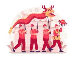Menschen im traditionell Kostüme ausführen ein Drachen tanzen im Vorderseite von das Tempel Tor zum das Chinesisch Neu Jahr Feier. traditionell Chinesisch Parade vektor