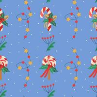Weihnachten Muster mit Lutscher, Stock, Band und Mistel Blätter, Girlande mit Licht Glühbirnen. vektor