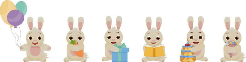 uppsättning av vektor illustrationer av söt harar, kaniner .a kanin med en gåva, en ballong, en kanin med en paj, en kanin med en bok, en kanin med blommor. fira de Semester.
