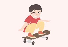 lächelnder Junge, der Skateboard spielt, handgezeichnete Stilillustration vektor