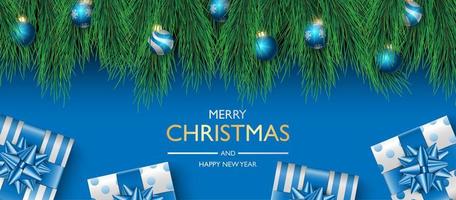 Weihnachtsfahnenhintergrunddesign, Geschenkbox auf blauem Hintergrund, Weihnachtsabdeckungshintergrund, Grußkarte, Vektorillustration